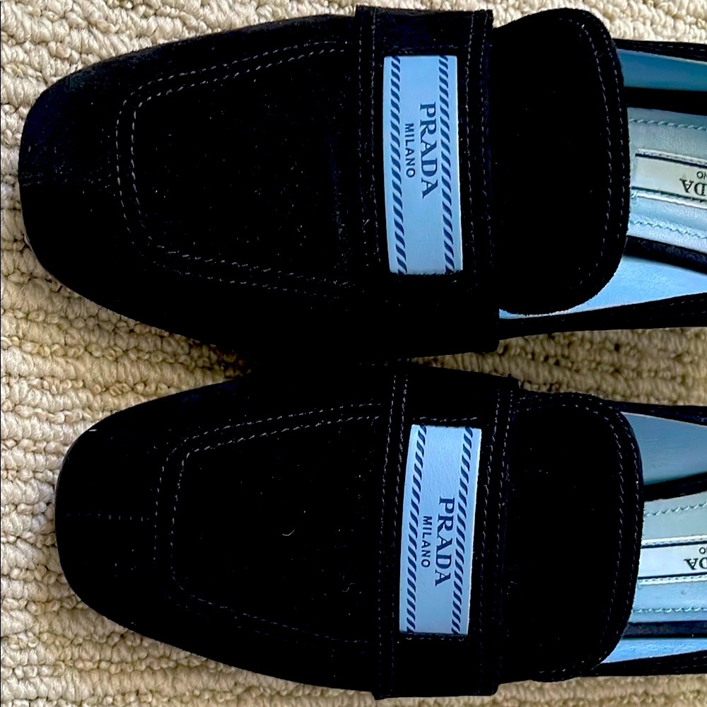 Prada Black Suede Heeled Loafers with Blue Label - Picture 3 of 8